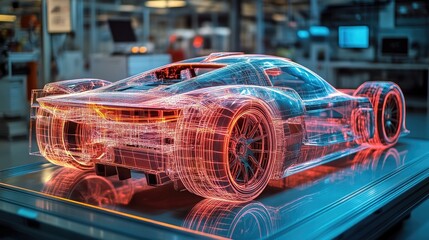 Aufkleber - The chassis of an electric sport car displayed in an automated factory, shown as a holographic model with intricate design details, emphasizing precision engineering