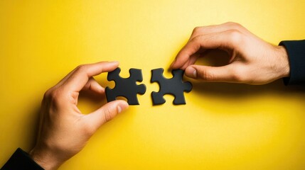 Poster - Two hands connecting puzzle pieces on a bright yellow background, symbolizing the concept of finding solutions, strategy, and business success