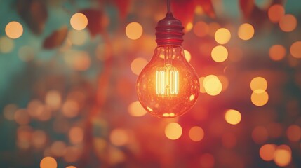 Poster - Vintage light bulb with a soft orange glow, suspended in front of a blurred bokeh background, evoking warmth and vintage charm