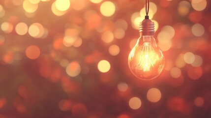 Poster - Vintage light bulb with a soft orange glow, suspended in front of a blurred bokeh background, evoking warmth and vintage charm