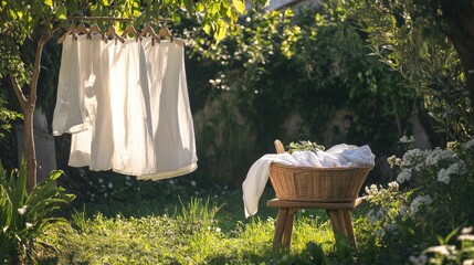 Poster - White linen sheets and clothes hanging in a lush garden, accompanied by a wooden stool with a basket of fresh laundry, evoking a sense of peaceful, rural charm