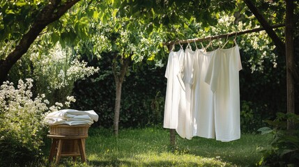 Poster - White linen sheets and clothes hanging in the fresh air of a lush garden, with a wooden stool and basket of laundry placed nearby, symbolizing rustic charm and tranquility