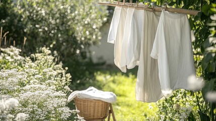 Poster - White linen sheets and clothes hanging in the fresh air of a lush garden, with a wooden stool and basket of laundry placed nearby, symbolizing rustic charm and tranquility