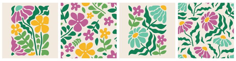 Doodle floral seamless pattern colorful set. Creative trendy flower collage or posters and floral pattern collection. Vintage cartoon hand drawn nature simple spring elements