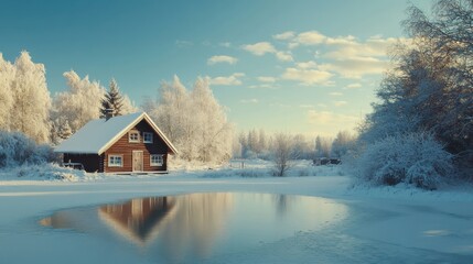 Serene Winter Scene with Cabin Near a Frozen Lake and Snowy Trees