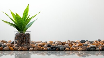 Poster - Close-up view of a tropical plant with lush green leaves among natural rocks, set against a bright background to highlight its organic elegance