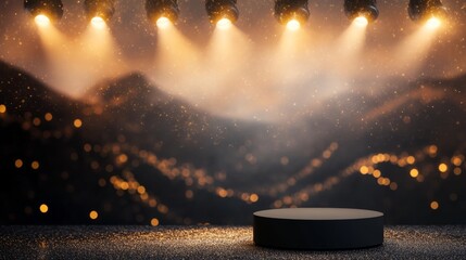 Aufkleber - Sleek black podium stands alone, illuminated by a spotlight, while a shimmering gold glitter background adds a dramatic touch, ideal for presentations or events