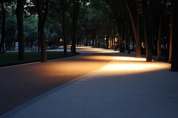 Poster - A close-up view of a winding pathway bathed in sunlight, surrounded by dense trees creating a calm atmosphere and ample space for creativity on the right side
