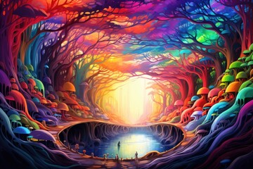 Poster - Embark on a psychedelic wormhole journey filled with radiant colors, where vibrant trees and luminescent mushrooms border a serene, reflective pool at twilight