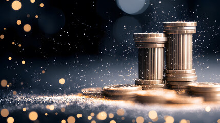 Poster - Stacks of coins with sparkling particles create a rich, elegant atmosphere