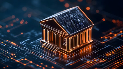 Poster - Digital representation of a bank building on a technological background