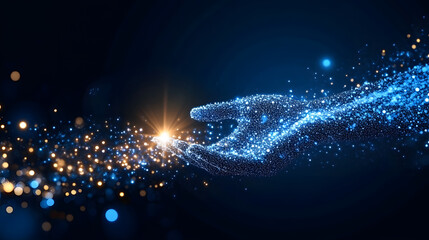 Poster - A sparkling hand reaches toward a bright light, surrounded by a swirl of blue and golden particles