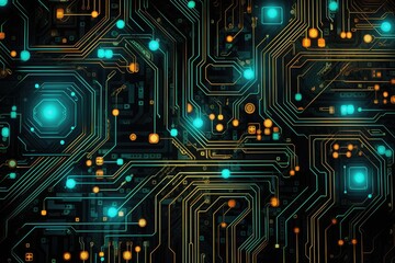 Poster - A vibrant display of neon circuit board patterns showcasing intricate pathways and glowing elements in a maze-like arrangement, ideal for tech enthusiasts and digital art lovers