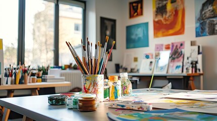 an image of a creative workshop in a conference room, with art supplies and brainstorming materials visible.