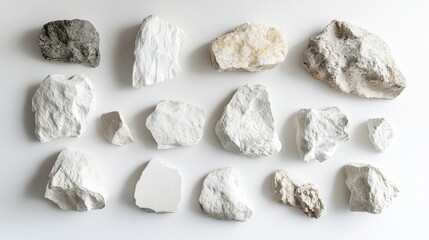 Poster - Varied Collection of Natural Rocks and Minerals Displayed on a White Background for Creative Projects and Educational Purposes