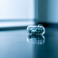 Teal Capsules in Clear Pill Bottle drug blue aqua 