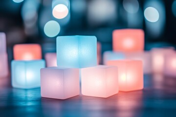 Poster - A collection of glowing neon cubes in blue and pink stacked creatively, reflecting light to enhance the depth of the design in a modern setting
