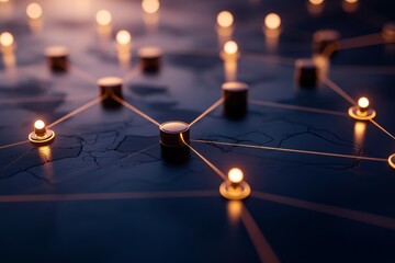 Aufkleber - Interconnected geometric shapes with luminous edges are displayed against a dark blue background, symbolizing advanced communication networks, with space for text