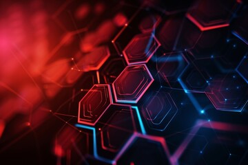 Fototapete - An abstract background featuring interconnected hexagons illuminated by vibrant red and blue lights, showcasing a dynamic design meant for digital art or technology themes
