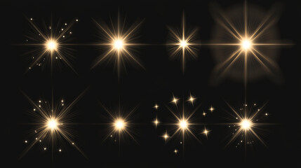 Poster - Twinkles and flares with glowing effect on black background. Realistic vector set of luminous star flash or bright camera lens glare and reflex. Starburst sparkle with radiance gleam and beam.