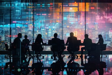 Poster - Business professionals collaborate in a modern office overlooking a vibrant city skyline at night, utilizing technology to enhance their meeting and decision-making process