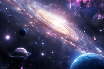 Poster - A breathtaking view of distant planets orbiting in space, surrounded by a luminous galaxy, creating an awe-inspiring science fiction atmosphere at the edge of the universe