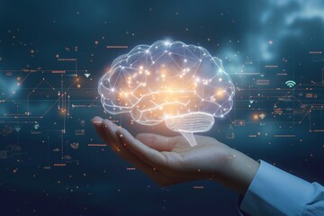 Poster - Businessman's hand engaging with a digital brain interface that symbolizes advanced technology, innovation, and connectivity in a futuristic environment