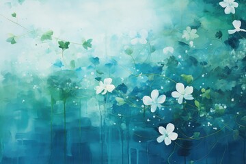Poster - A serene landscape filled with deep sea greens and blues, featuring delicate white flowers and gentle vines swaying in a tranquil atmosphere