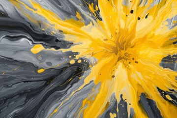 Poster - Abstract art featuring a bright yellow explosion against a backdrop of swirling gray and black paint