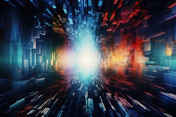 Fototapete - Exploring vibrant datastreams in a dynamic cyberspace landscape, blending colors and lights to create an immersive digital experience in abstract form