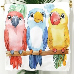 Wall Mural - Three cartoon parrots perched on a branch, painted in watercolor style.