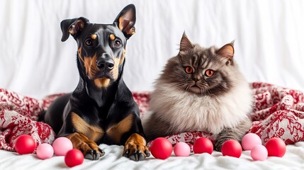 creative valentines illustration of an atypical couple a doberman and a fluffy feline both isolated 