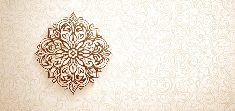 Intricate wooden carving on an elegant beige wall, showcasing traditional craftsmanship and cultural heritage. Round Floral Ornament stock