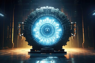 Poster - A digital representation of a password strength meter illuminated with vibrant colors in a futuristic environment showcasing advanced technology and security features