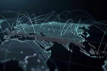 Poster - An abstract representation of global networks showcasing points and lines on a dark background, symbolizing connectivity and data flow across continents in modern information systems