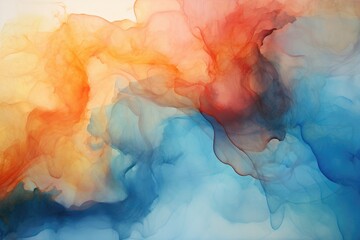 Poster - Layers of dyed washes blend seamlessly in vibrant hues of orange, blue, and red, creating a captivating abstract composition that evokes a sense of movement and flow