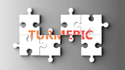 Poster - Turmeric as a complex topic - pictured as word turmeric on a puzzle pieces to show that turmeric is a composite subject. Solving a puzzle. Pieces coming together to make a whole