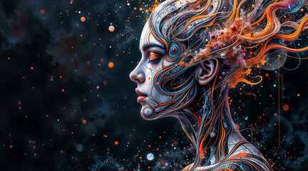 Poster - girl autumn with flowing hair and flowers . Generative AI