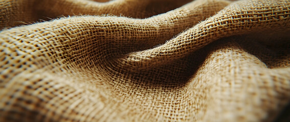 Close-up of beige burlap fabric with natural folds and texture