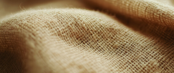 Close-up of beige burlap fabric with natural folds and texture