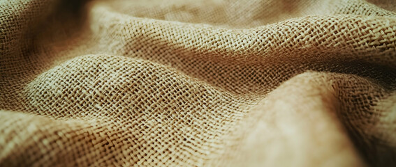 Close-up of beige burlap fabric with natural folds and texture