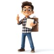 © Stock4u2024  - Happy Student Cartoon: A cheerful cartoon boy student with glasses gives a thumbs up, carrying a backpack and a clipboard, ready for school or study.  He exudes confidence and positive energy.