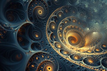 Poster - Fractal patterns swirling infinitely in a dark and mysterious space, showcasing intricate designs with glowing highlights during an abstract exploration of geometric beauty