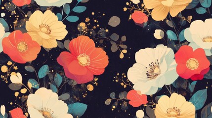 Poster - Colorful flowers in shades of yellow, red, orange, and white create a lively pattern on a contrasting dark background, showcasing nature's beauty