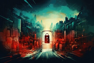 Poster - An abstract digital representation of a secure fort standing against a futuristic city skyline illuminated by vibrant colors and technological elements at dusk