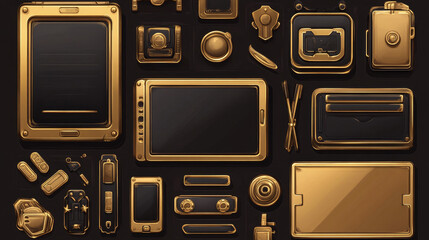 Poster - gold game tablets, buttons, cartoon menu interface golden keys. yellow metal boards, frames, ui or g