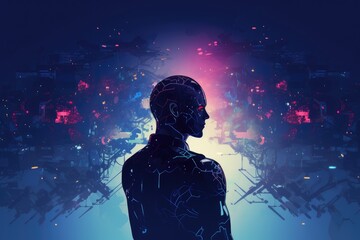 Poster - A silhouette of an AI robot with a glowing mind map stands against a vibrant digital background, representing the fusion of technology and intelligence in a futuristic environment