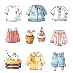 Watercolor illustration of children's clothing, skirts, and cupcakes.