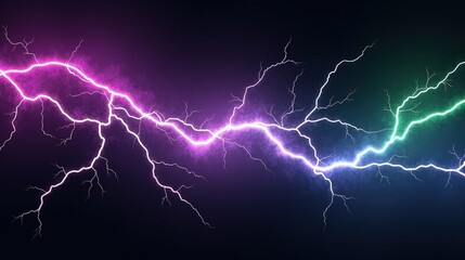 An electrifying abstract design featuring jagged lightning-like forms, vibrant streaks of neon purple and green, and a dark, high-contrast background.