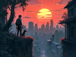 Poster - silhouette of a man and a dog against the backdrop of an abandoned city . Generative AI